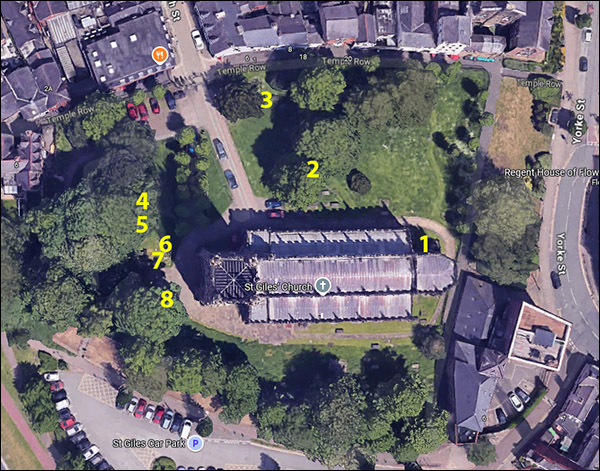 Map of St Giles Churchyard with featured graves numbered