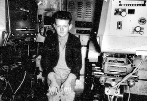 Photo of Gwyn Woolley in Abergavenny Coliseum operating box