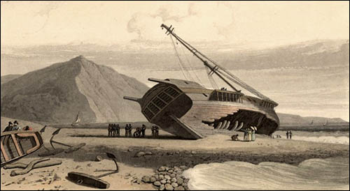 Drawing of Portuguese ship wrecked at Tanybwlch in 1814
