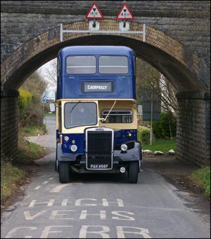 Photo of lowbridge bus under low bridge