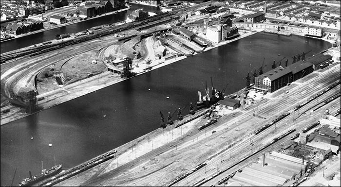 Aerial view of Atlantic Wharf and east dock in 1950