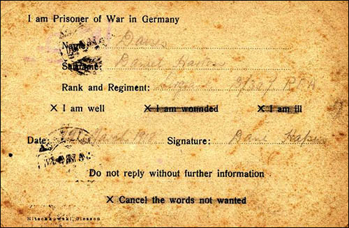 Copy of postcard filled in by PoW Daniel Davies