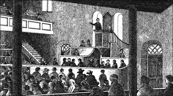 Woodcut drawing of interior of Capel Heol Dwr in 1813