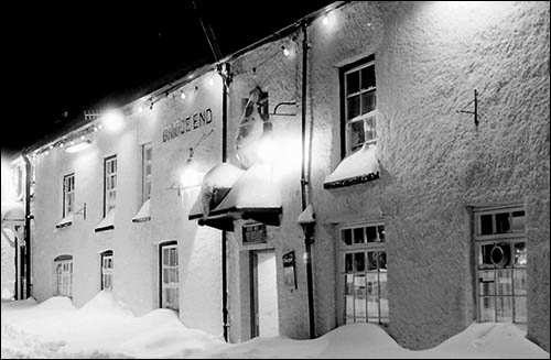 Photo of Bridge End Inn with snow in 1982