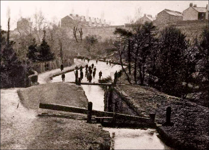 Old photo of frozen canal at Five Locks