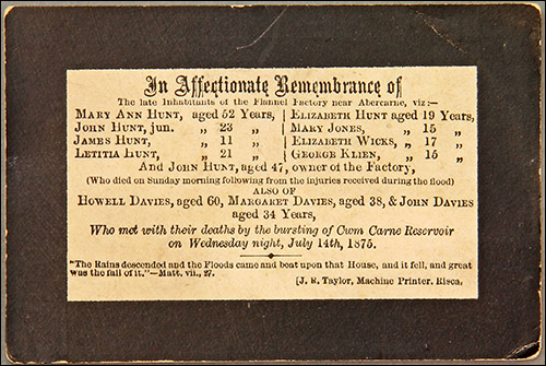 Picture of memorial card for dam disaster victims