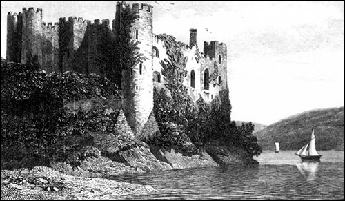 Engraving of Laugharne Castle and harbour
