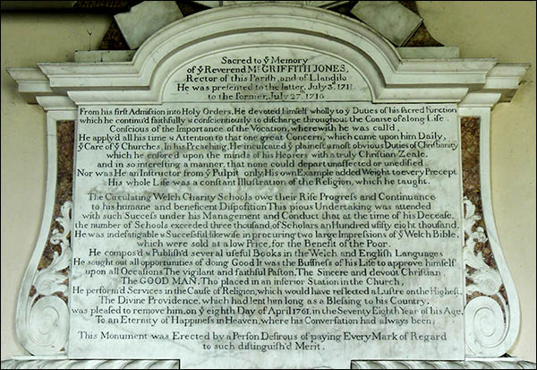 Photo of Griffith Jones memorial in Llanddowror church