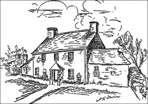 Old drawing of Woodbine Cottage, Llandyfaelog