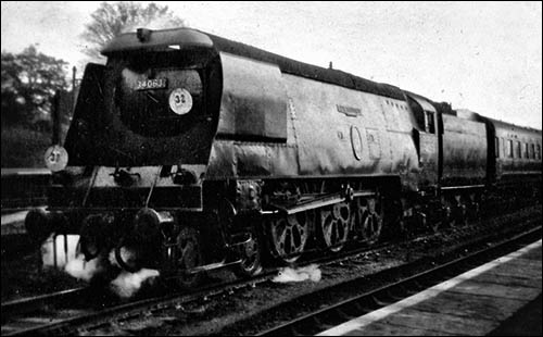 Photo of a Bulleid Pacific steam locomotive in 1956