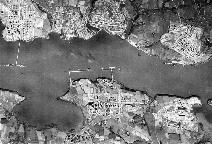Aerial photo of Milford Haven waterway with refineries in 1969