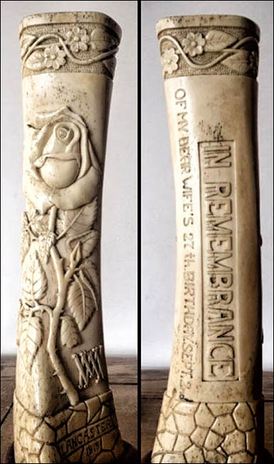Photo of bone carved by Max Wulff for his wife while he was interned in WW1