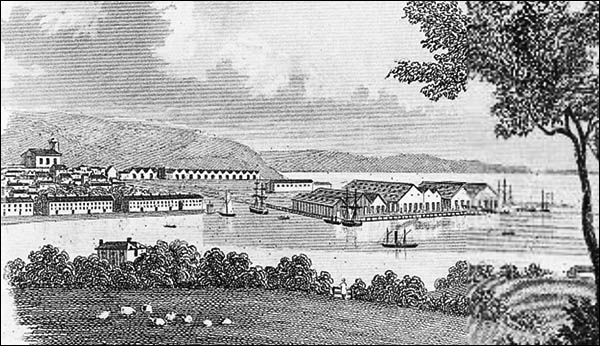 Drawing of Pembroke dockyard and chapel in 1851