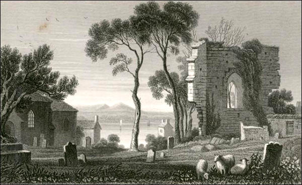 Old drawing of St Dogmaels Abbey and church