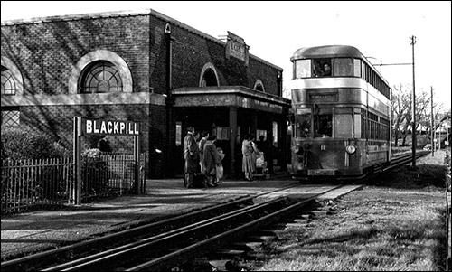 Old photo of tramcar at Black Pill station