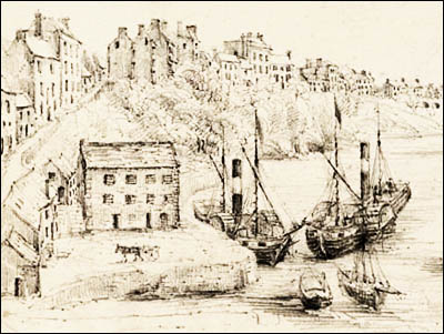 Drawing of paddle steamers and Sleeman's Stores c.1840