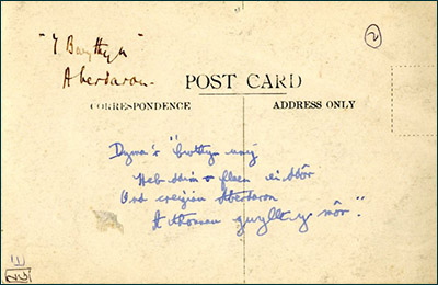 Photo of reverse of postcard with Cynan's handwriting Photo of reverse of postcard with Cynan's handwriting