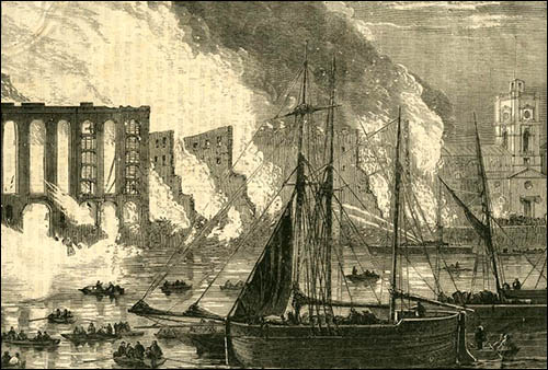 Drawing of fire at Cotton's Wharf, London, in 1861