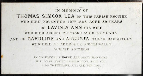 Photo of Simcox Lea memorial plaque in Astley church, Worcestershire