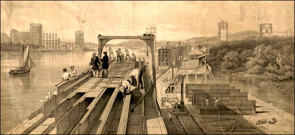 Drawing of workers building the Britannia Bridge