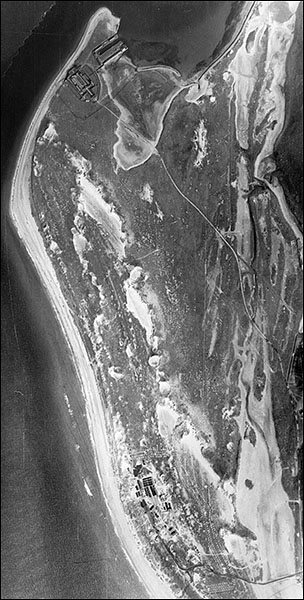 Aerial view of Fort Belan and gun battery in 1945