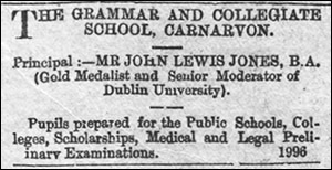 1896 advertisement for Caernarfon grammar school