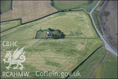 Aerial photo of St Baglan's Church showing lines of ditches in fields Aerial photo of St Baglan's Church showing lines of ditches in fields