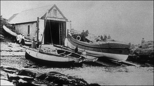 Old photo of Moelfre lifeboat station with ON325 Star of Hope on slipway