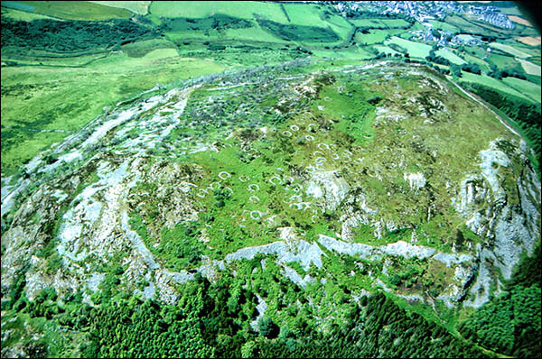 Aerial photo of huts and hillforts at Garn Boduan
