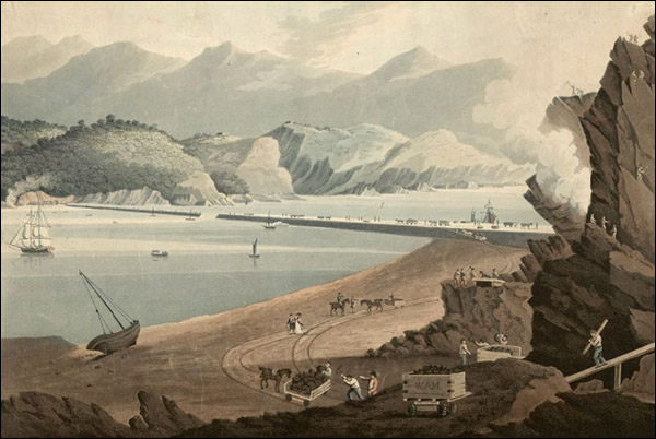 Drawing of Porthmadog Cob under construction in 1810