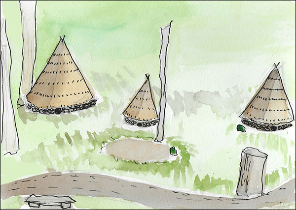 Drawing of how the Parc y Borth huts may have looked