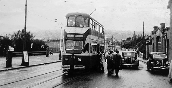Photo of streamlined tram at Rhos-on-Sea promenade