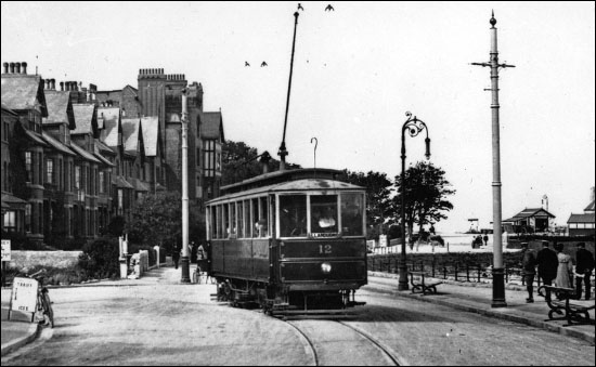 Old photo of tram at Rhos-on-Sea promenade