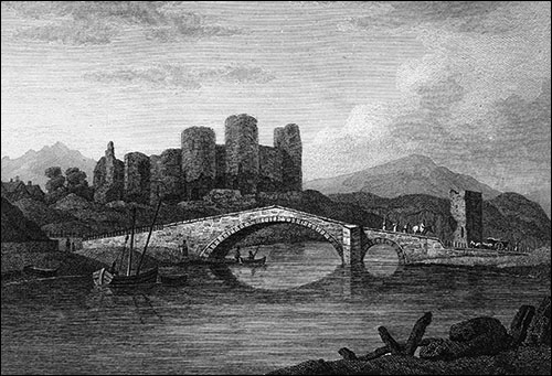 Engraving of Rhuddlan castle and bridge