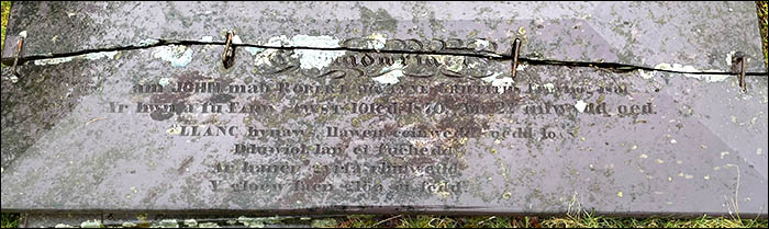 Photo of inscription on grave of John Griffiths of Brwynog Isaf