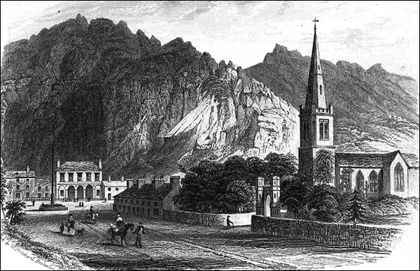 Drawing of Tremadog church and other buildings in 1865