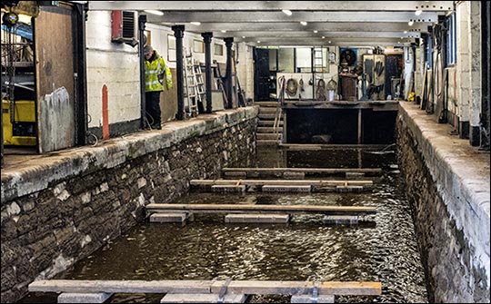 Photo of inside of dry dock shed at Trevor basin