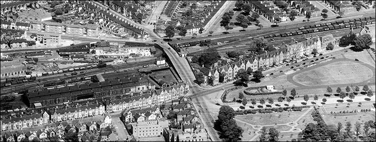 Cathays railway station site and engine shed in 1956
